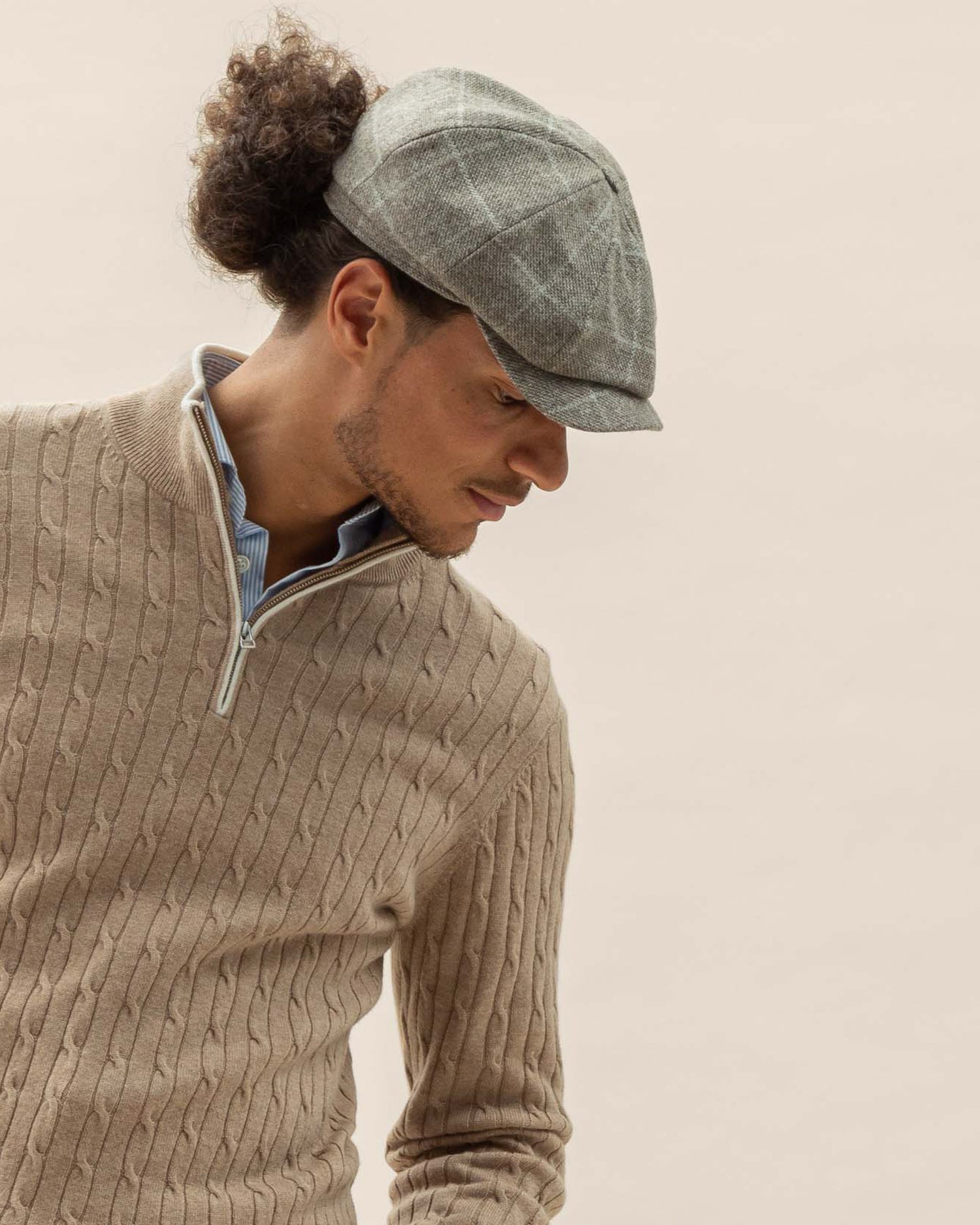 Newspaper Boy Cap in Grey Herringbone Wool Flannel By Lanificio Di Pray (8454901367114)