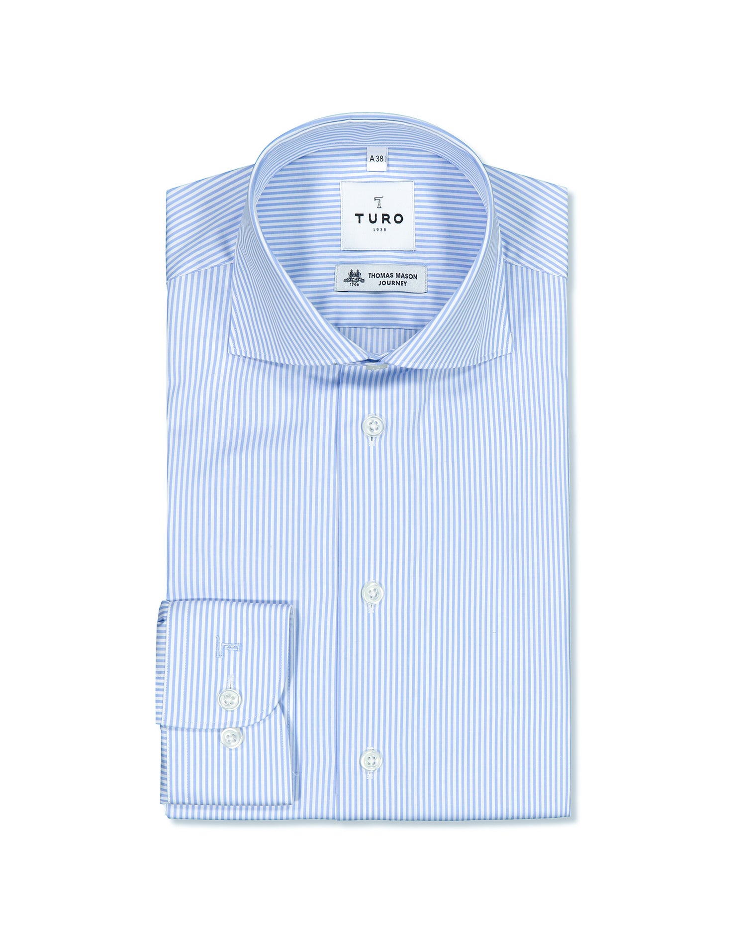 Slim fit shirt in blue stripe Thomas Mason journey (8489438970186)