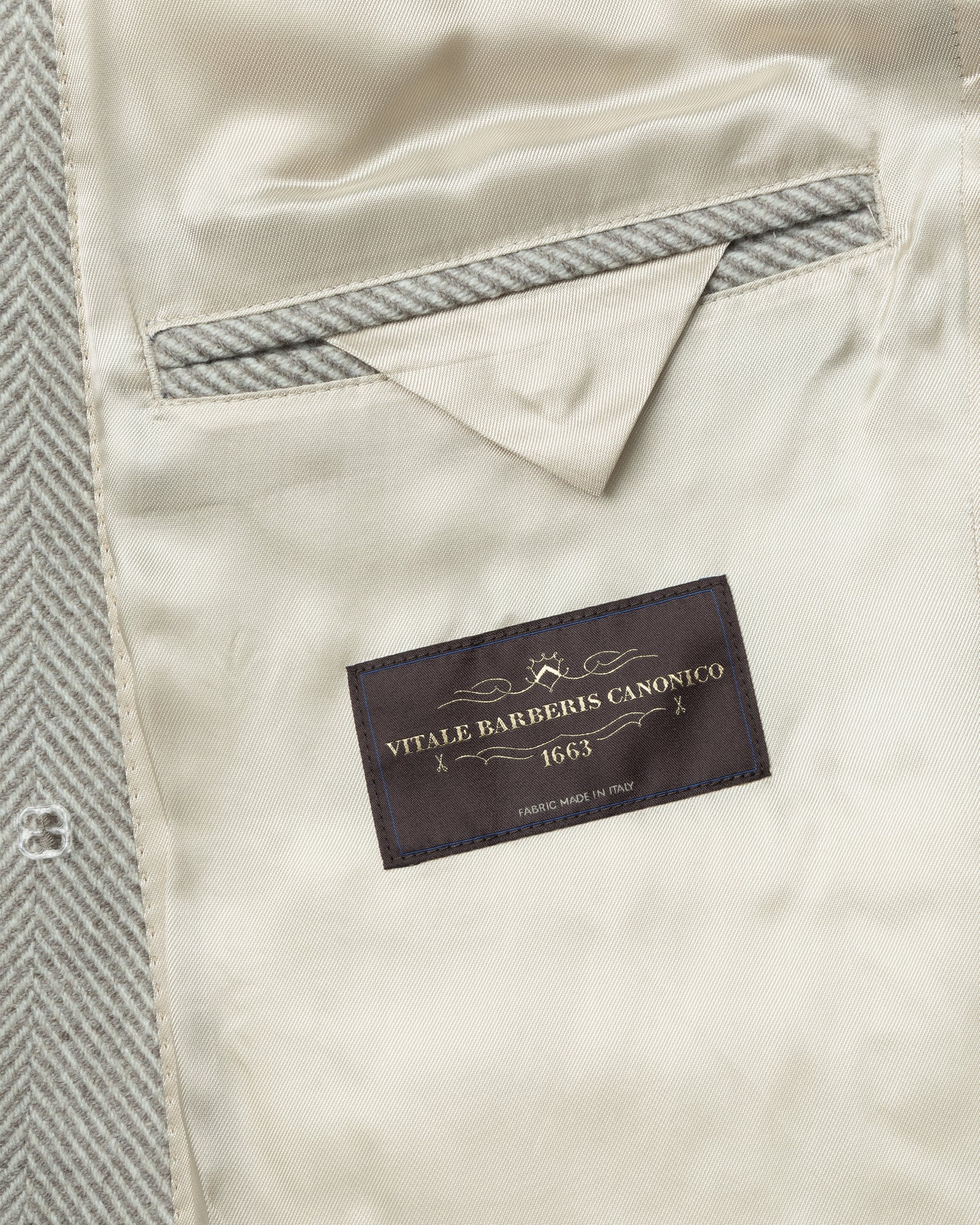Light Beige Herringbone Tagliare Overcoat in Vitale Barberis Canonico Wool (8464757752138)