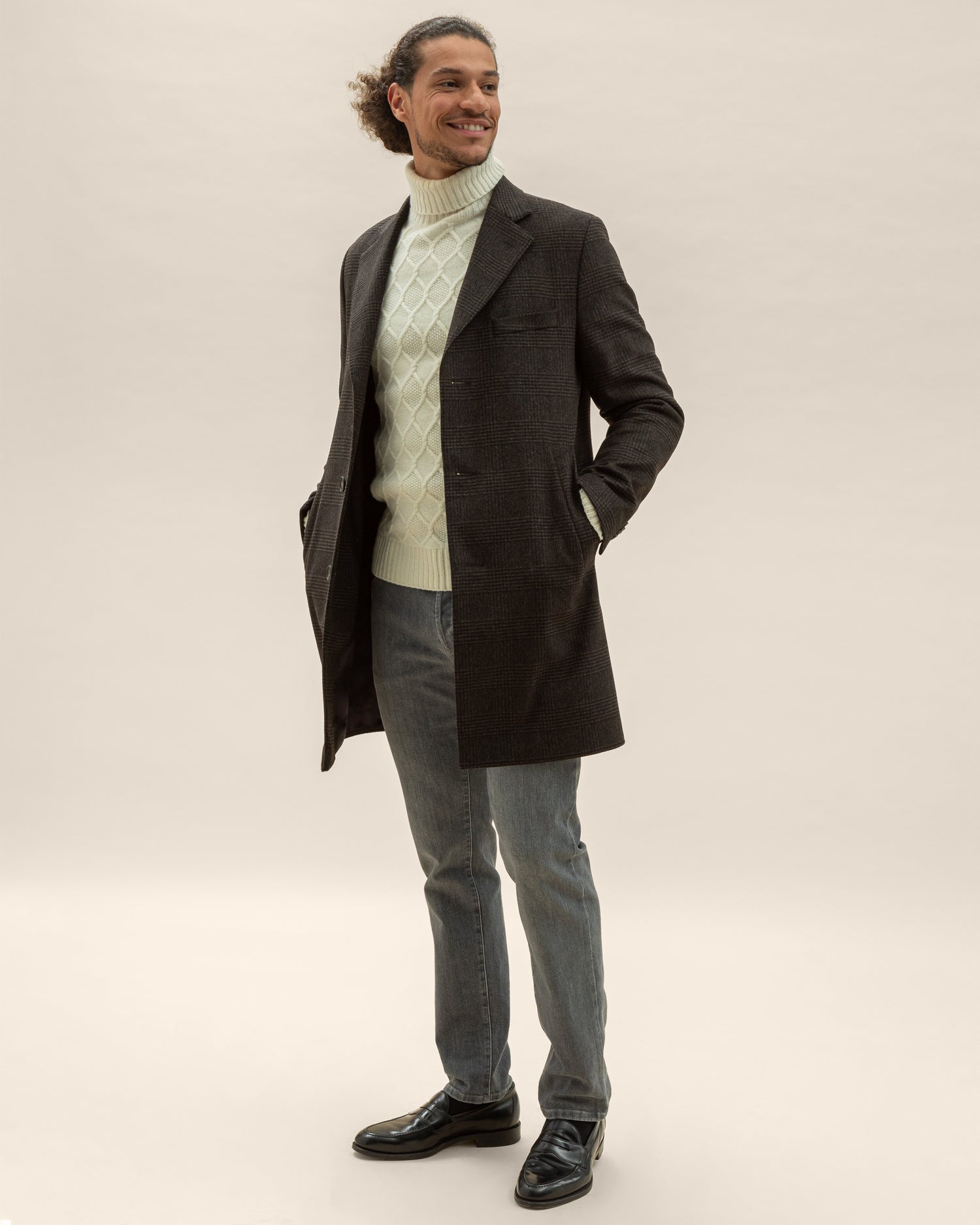 Slim fit Overcoat in Brown Check Fortuny Wool-Cashmere Blend (8464784654666)