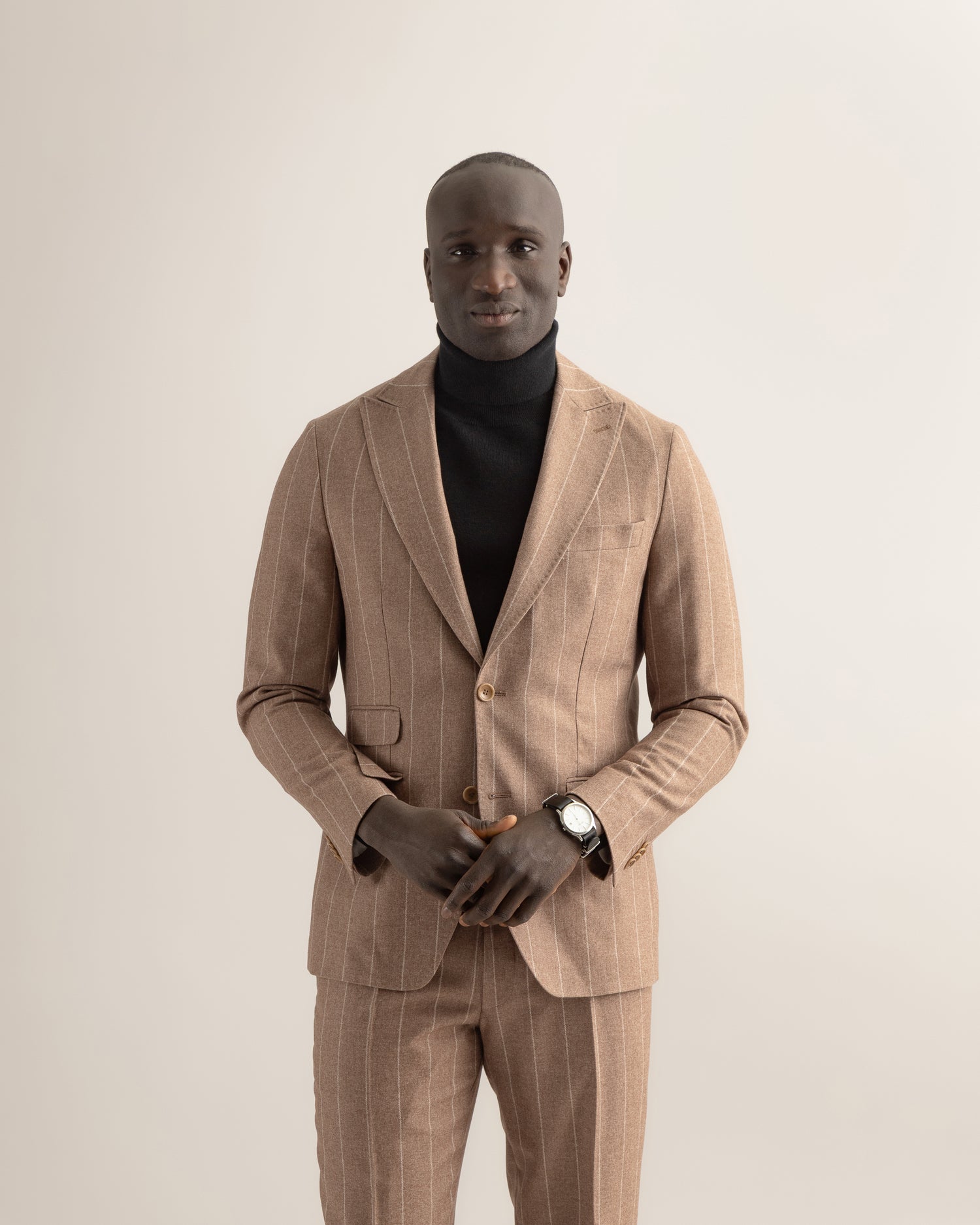 Pinstripe Flannel Suit in Camel Brown