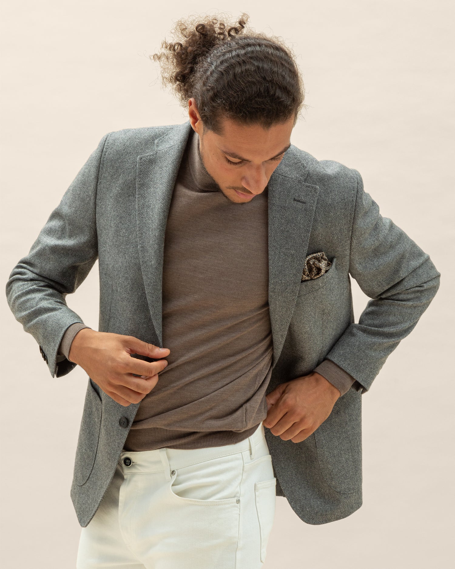 Grey Herringbone Blazer in Lanificio Di Pray Wool (8459015487818)