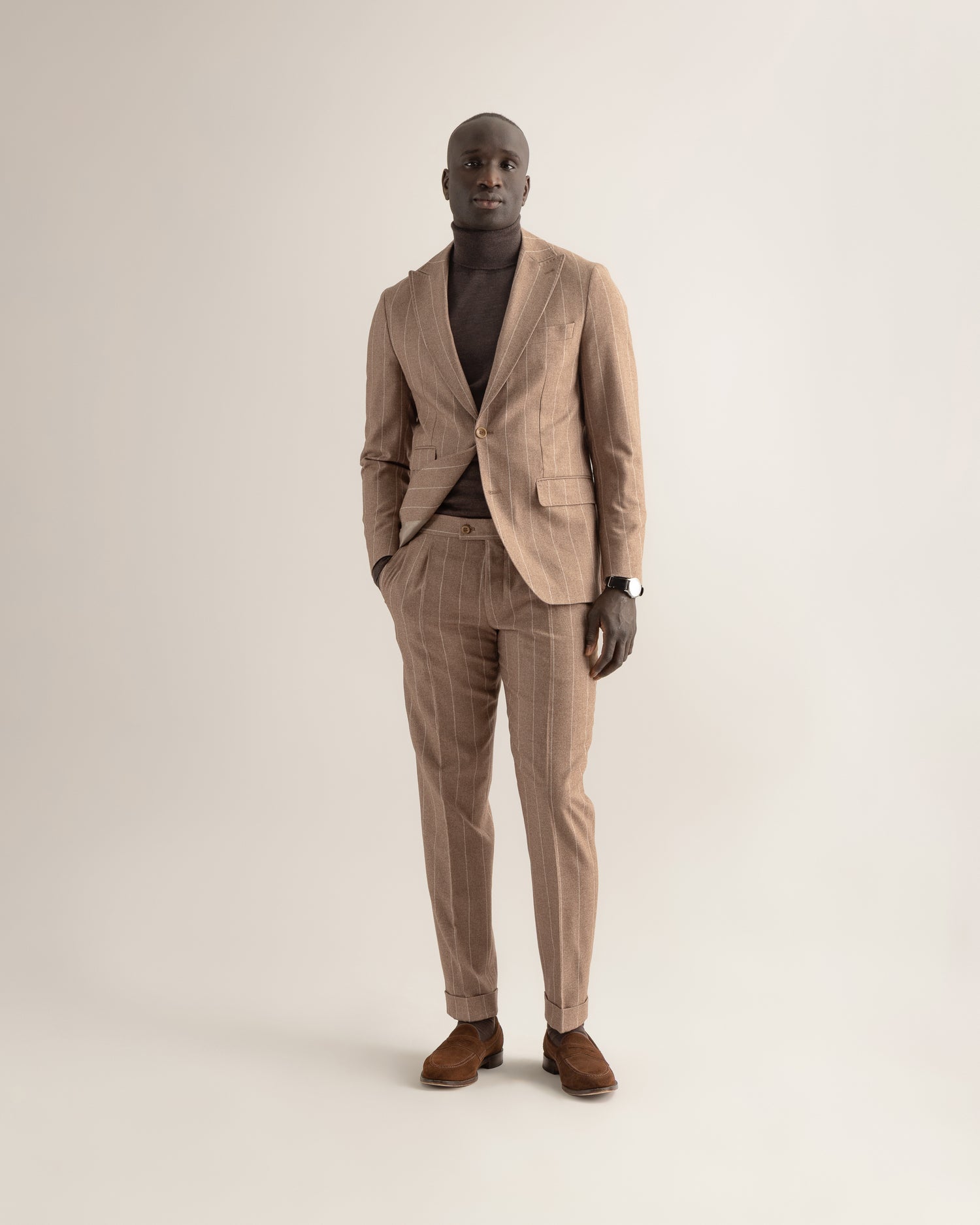 Pinstripe Flannel Suit in Camel Brown