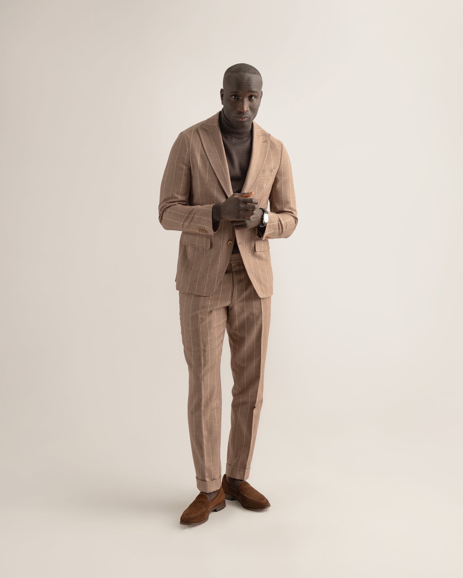Pinstripe Flannel Suit in Camel Brown